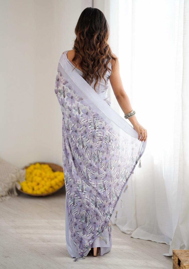 Lavender Printed Art Silk Saree Set - Indya