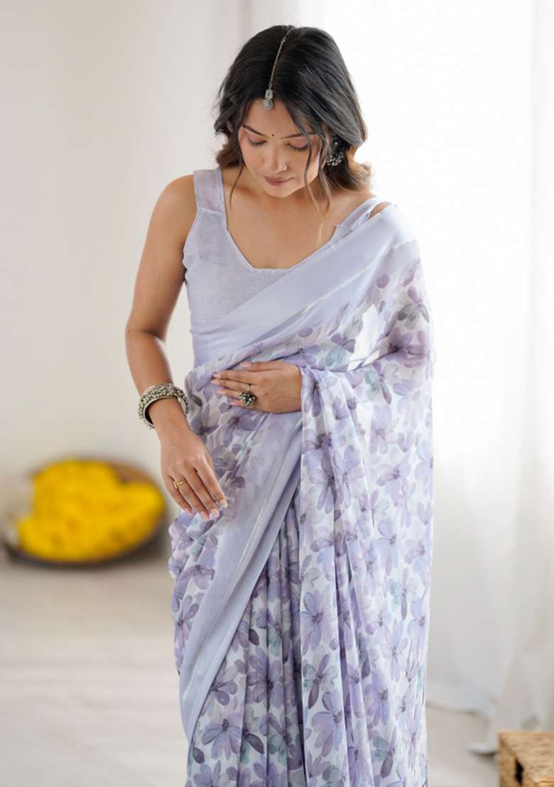 Lavender Printed Art Silk Saree Set for Diwali and Festive Wear - Indya