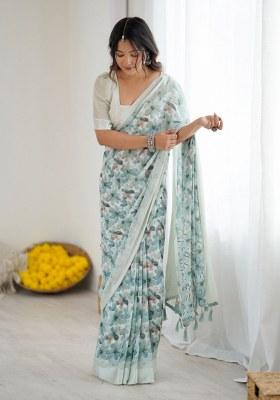 Green Printed Art Silk Saree Set