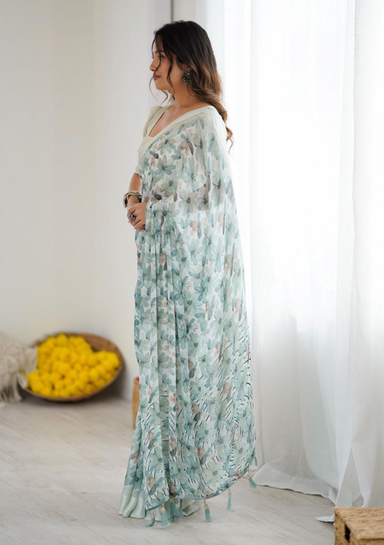 Green Printed Art Silk Saree Set - Indya