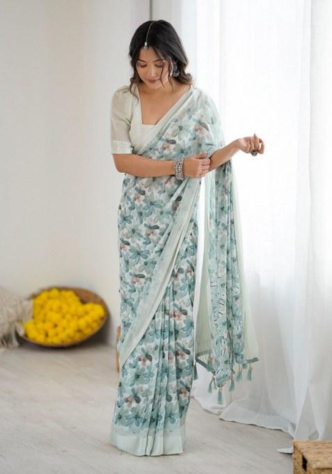 Green Printed Art Silk Saree Set