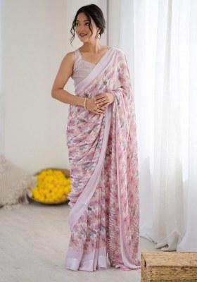 Purple Printed Art Silk Saree Set