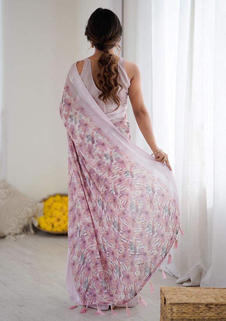 Purple Printed Art Silk Saree Set - Indya