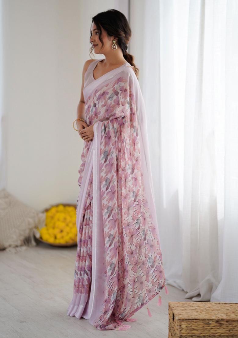 Purple Printed Art Silk Saree Set - Indya