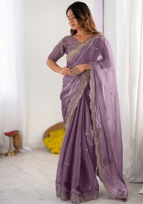 Mauve Embroidered Silk Blend Saree Set