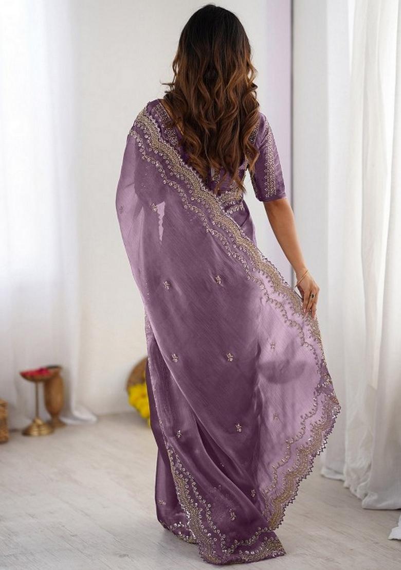Mauve Embroidered Silk Blend Saree Set - Indya