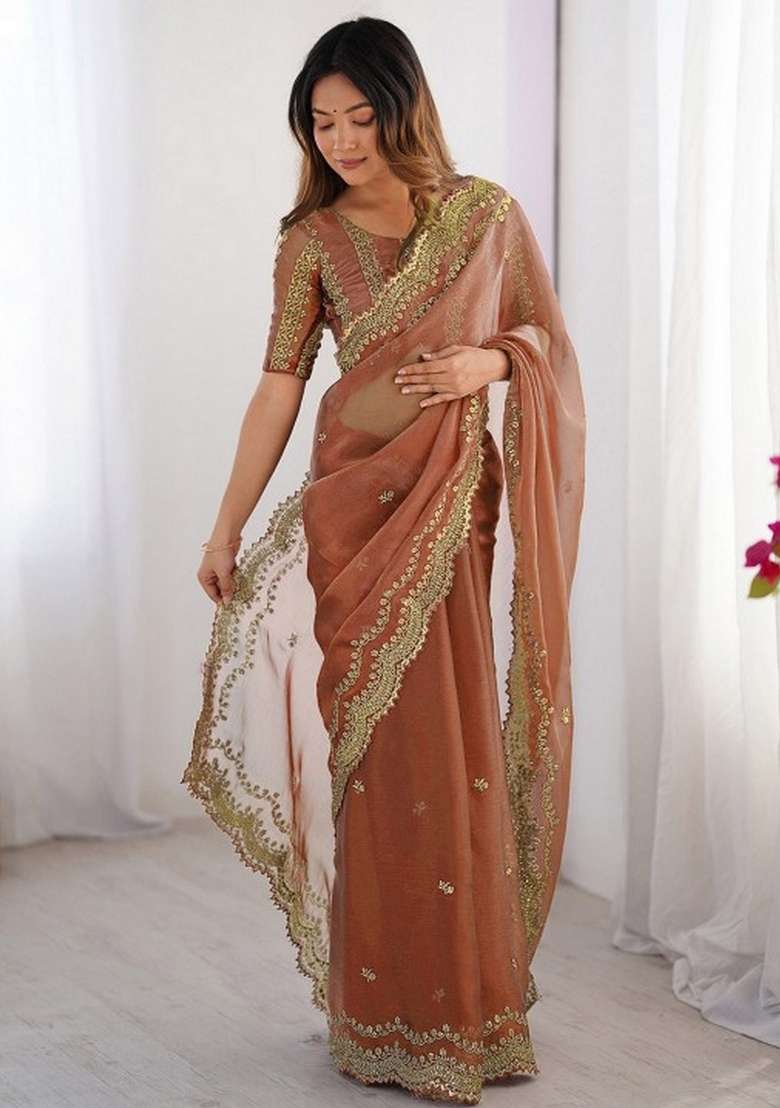 Orange Silk Blend Saree Set with Embroidered for Diwali | Wedding & Festive Wear - Indya