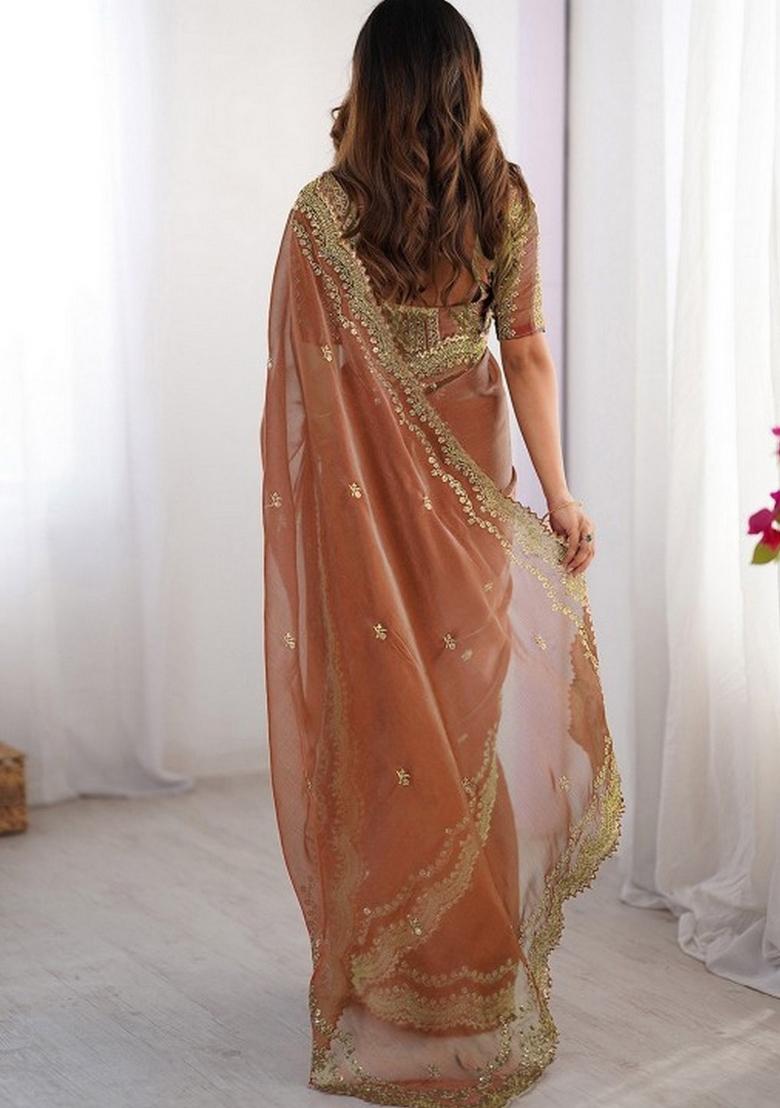 Orange Embroidered Silk Blend Saree Set - Indya