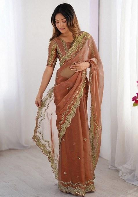 Orange Embroidered Silk Blend Saree Set