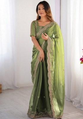Green Embroidered Silk Blend Saree Set