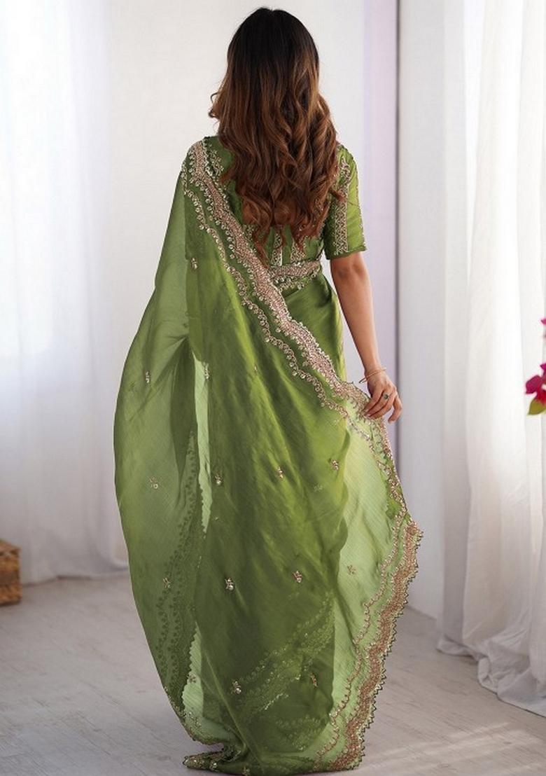 Green Embroidered Silk Blend Saree Set - Indya