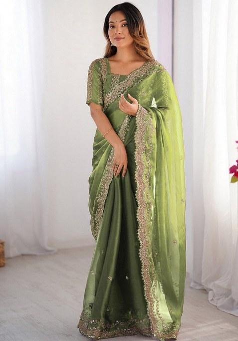 Green Embroidered Silk Blend Saree Set