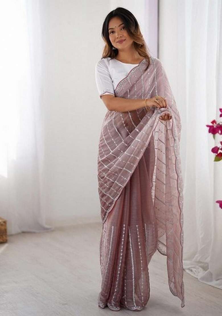Maroon Chiffon Saree Set with Embroidered for Diwali | Wedding & Festive Wear - Indya