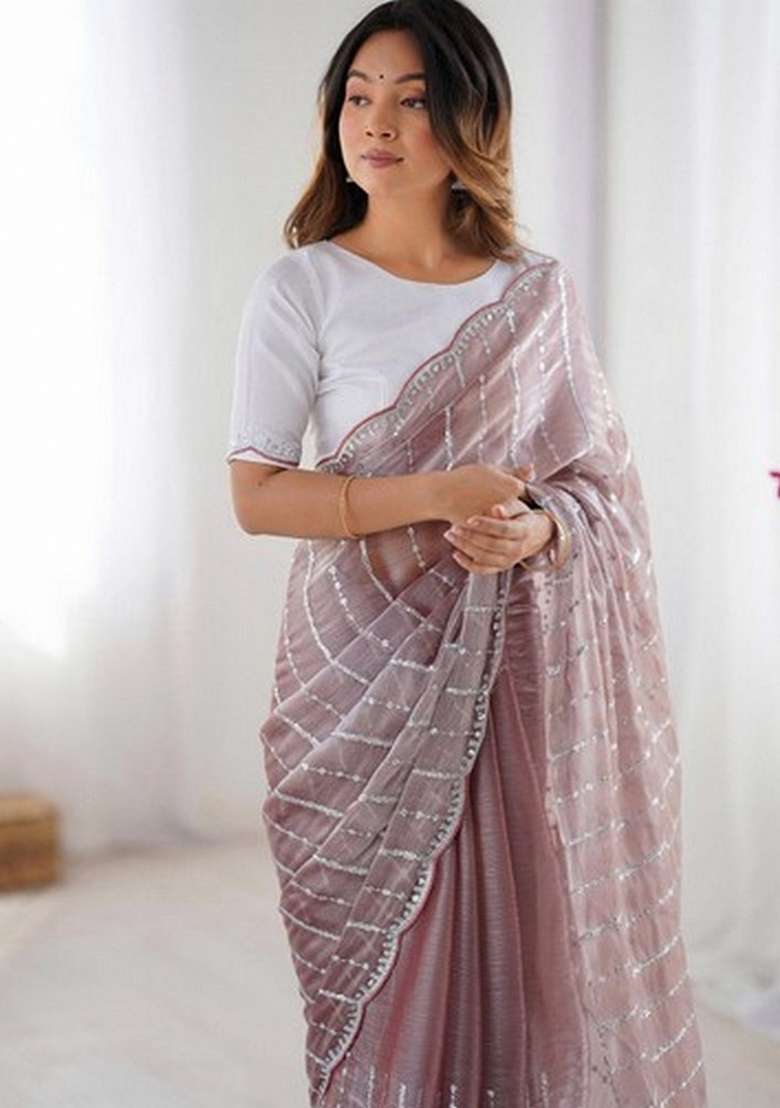 Maroon Chiffon Saree Set with Embroidered for Diwali | Wedding & Festive Wear - Indya