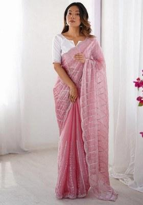 Pink Embroidered Chiffon Saree Set
