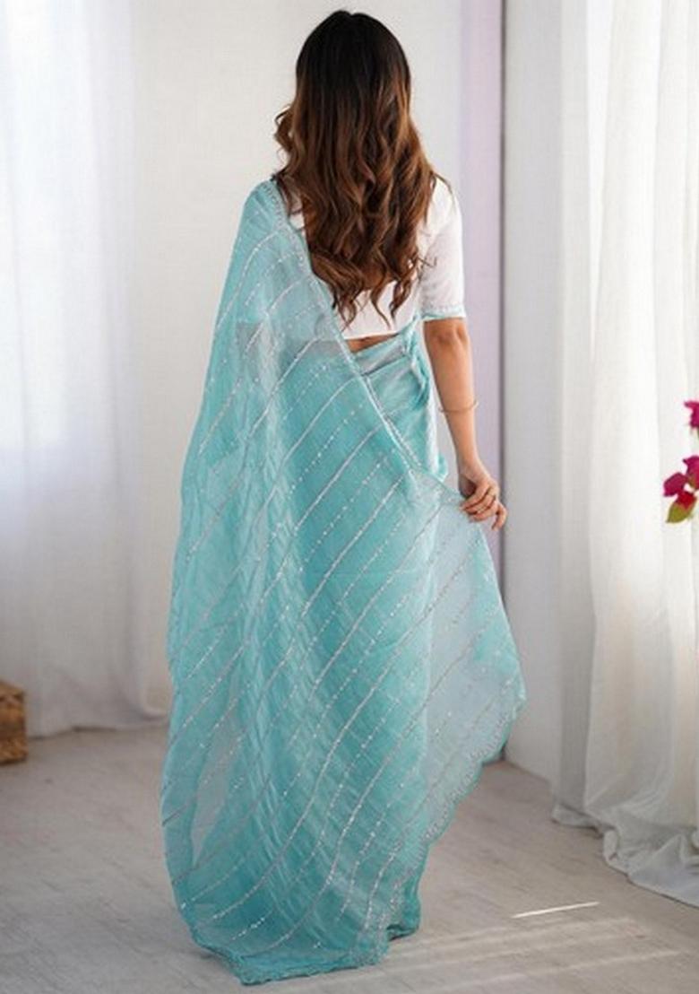 Sky Blue Embroidered Chiffon Saree Set - Indya