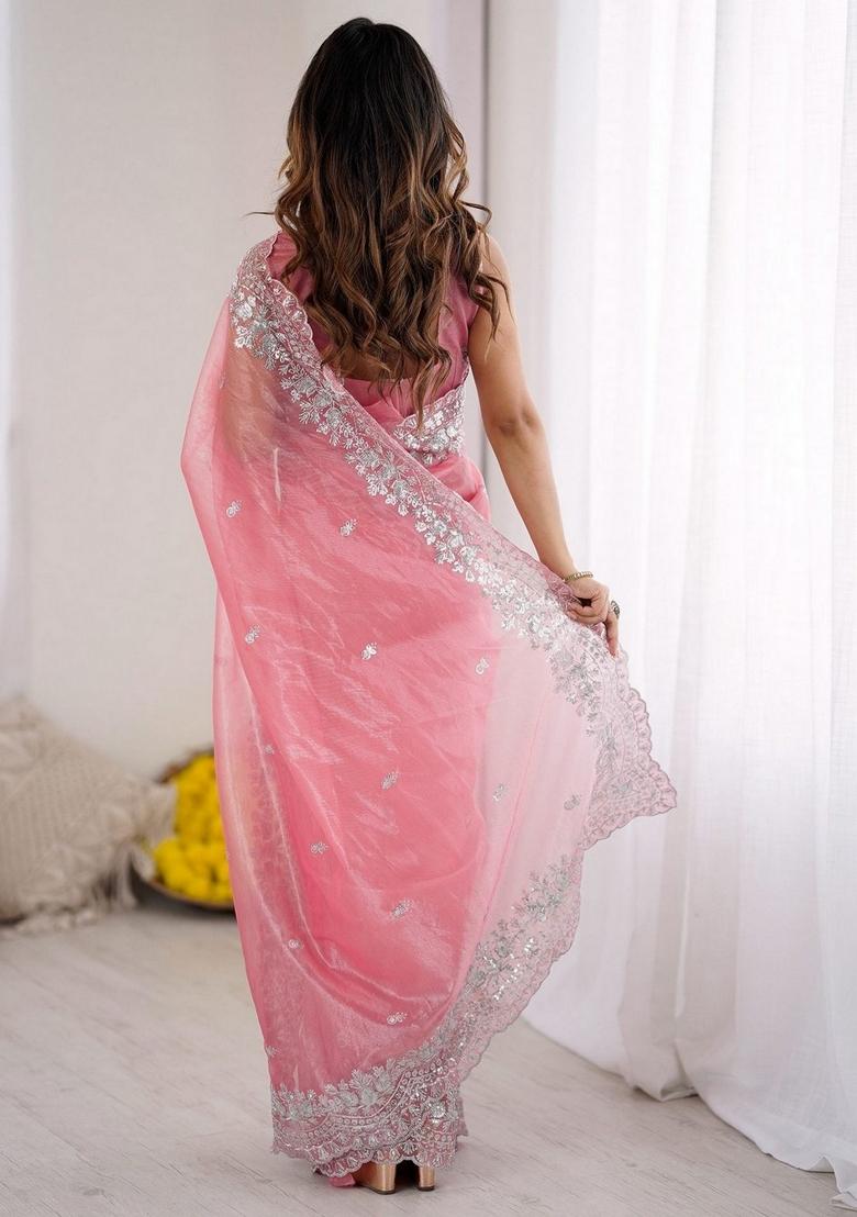 Pink Embroidered Art Silk Saree Set - Indya