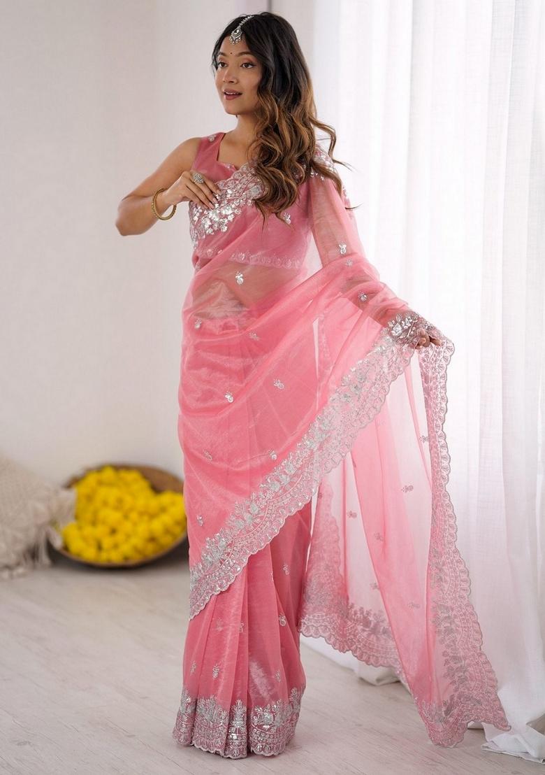 Pink Embroidered Art Silk Saree Set - Indya