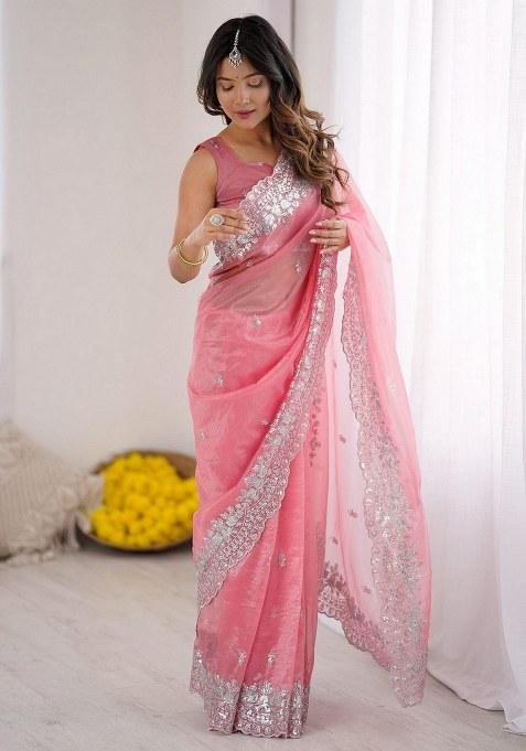 Pink Embroidered Art Silk Saree Set