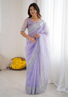 Lavender Embroidered Art Silk Saree Set