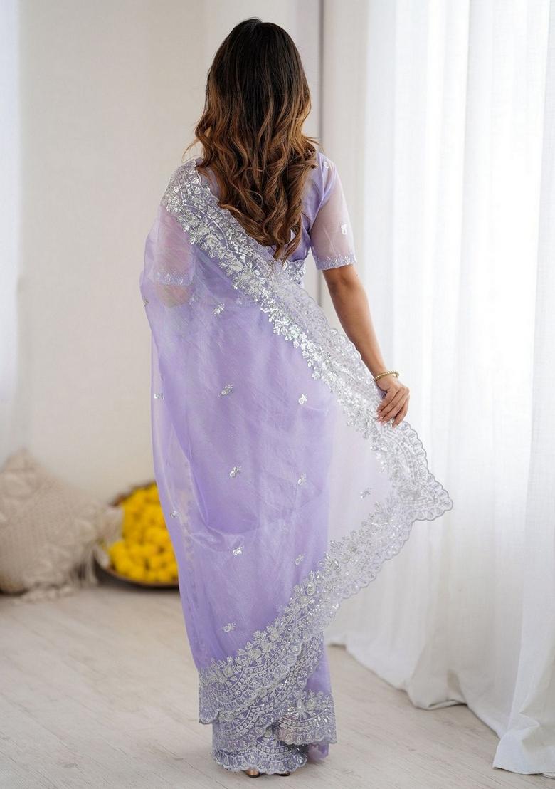 Lavender Embroidered Art Silk Saree Set - Indya