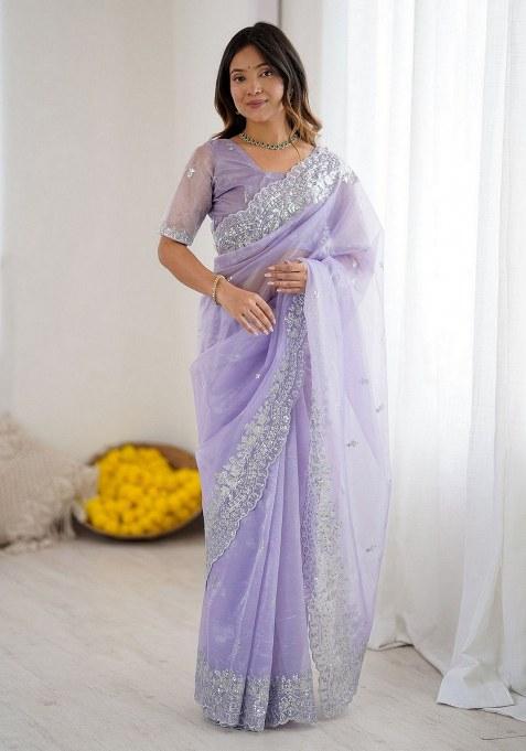 Lavender Embroidered Art Silk Saree Set