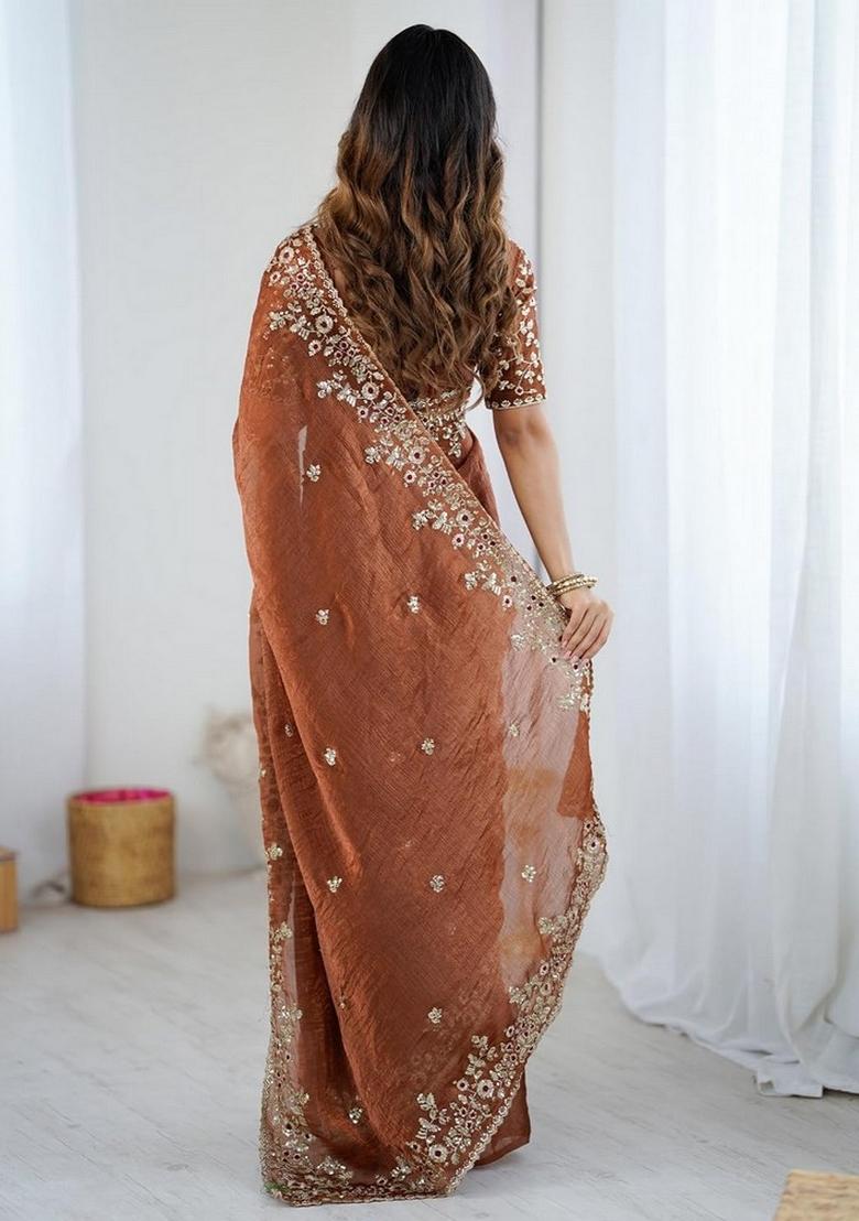 Coffee Embroidered Art Silk Saree Set - Indya