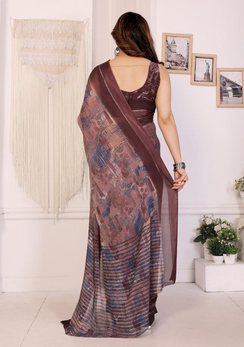 Brown Printed Art Silk Saree Set - Indya