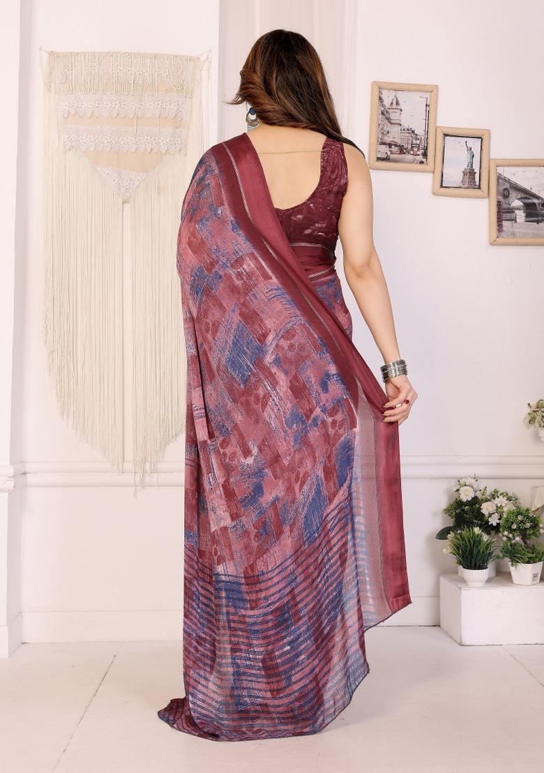 Maroon Printed Art Silk Saree Set - Indya