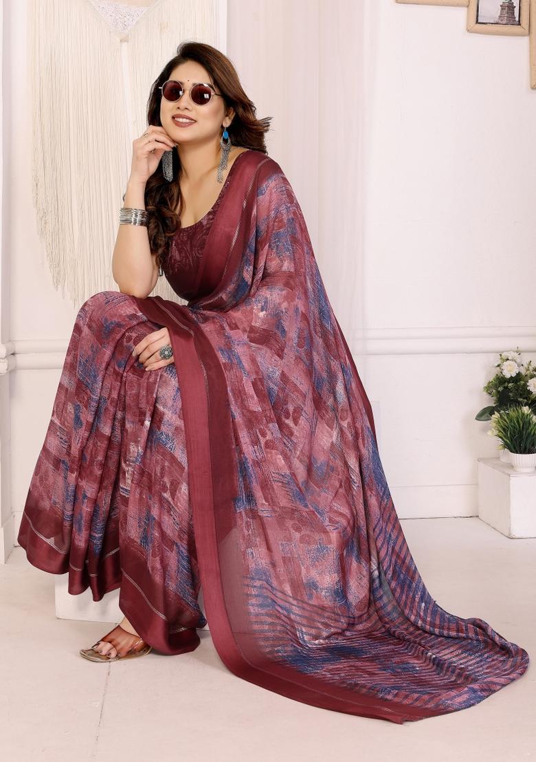 Maroon Printed Art Silk Saree Set - Indya