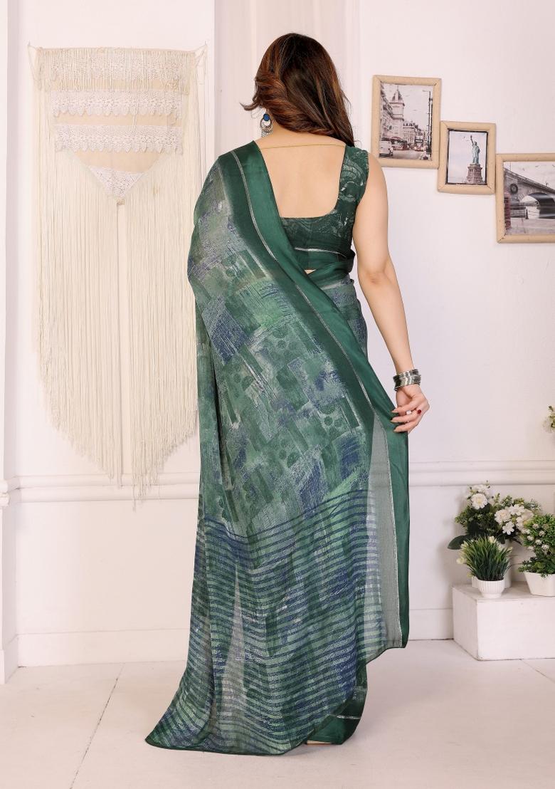 Green Printed Art Silk Saree Set - Indya