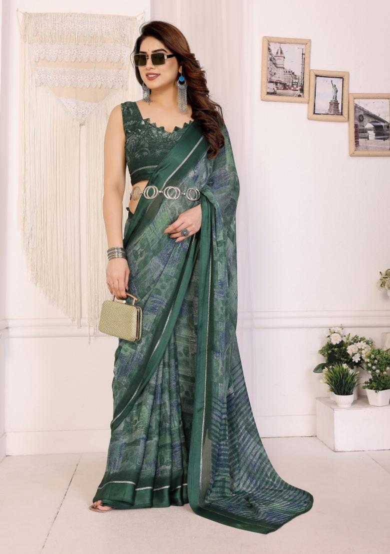 Green Printed Art Silk Saree Set - Indya