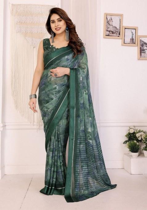 Green Printed Art Silk Saree Set