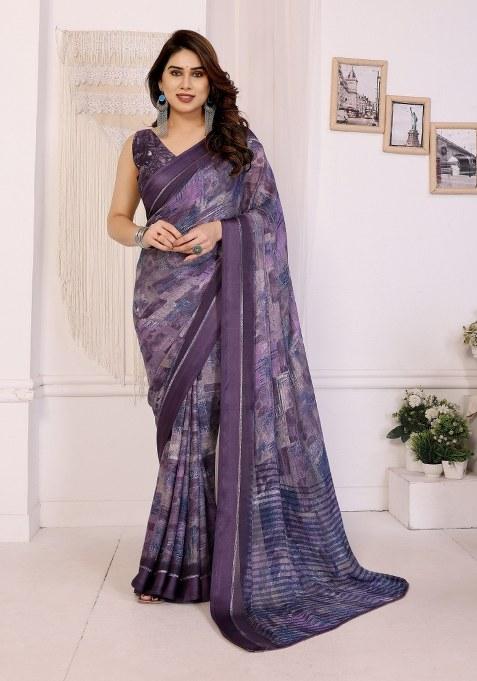 Purple Printed Art Silk Saree Set