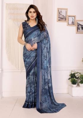 Blue Printed Art Silk Saree Set