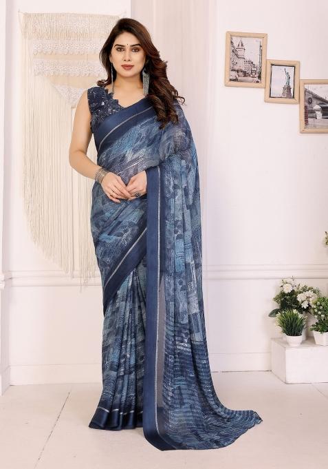 Blue Printed Art Silk Saree Set