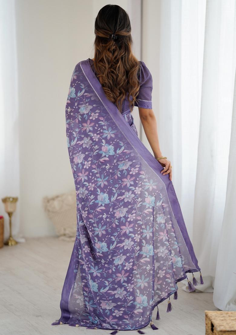 Lavender Printed Art Silk Saree Set - Indya