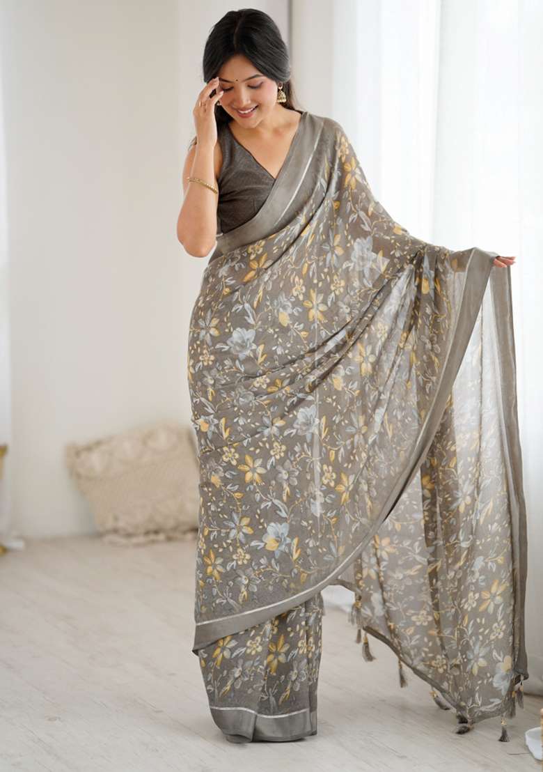 Grey Printed Art Silk Saree Set for Diwali and Festive Wear - Indya