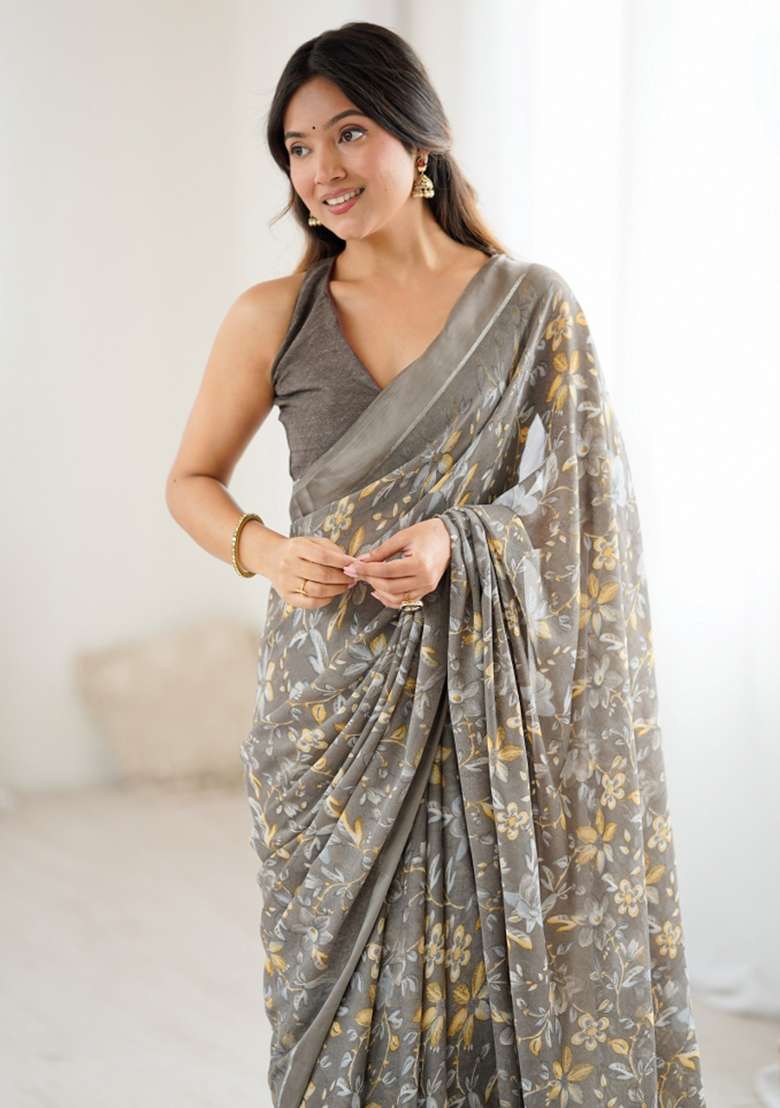 Grey Printed Art Silk Saree Set for Diwali and Festive Wear - Indya