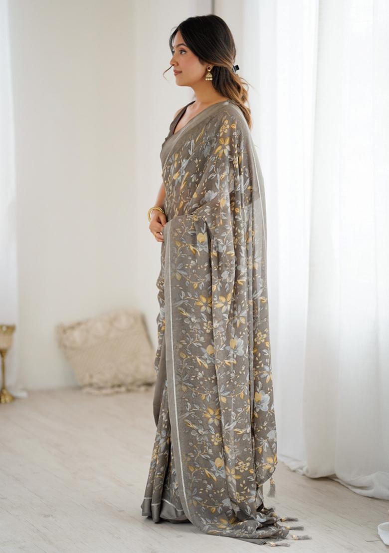 Grey Printed Art Silk Saree Set - Indya