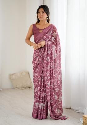 Pink Printed Art Silk Saree Set
