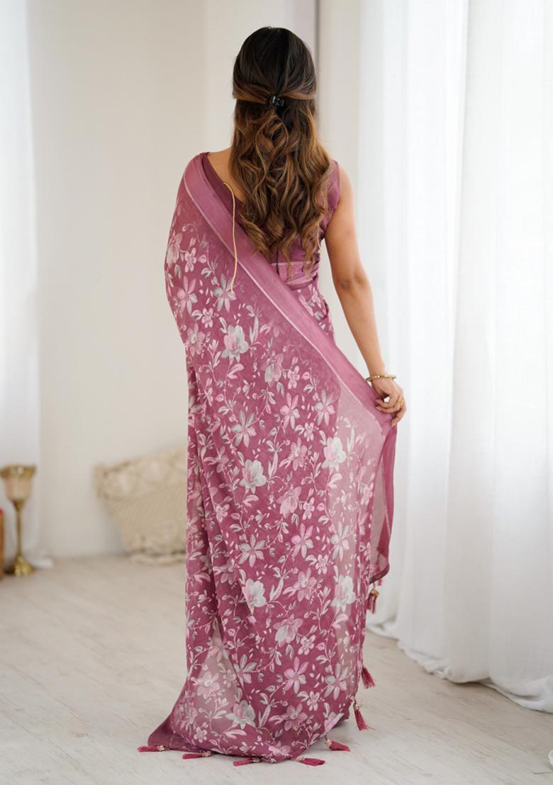 Pink Printed Art Silk Saree Set - Indya