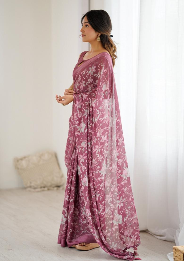 Pink Printed Art Silk Saree Set - Indya