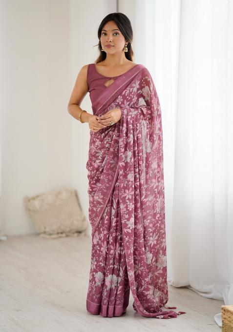 Pink Printed Art Silk Saree Set