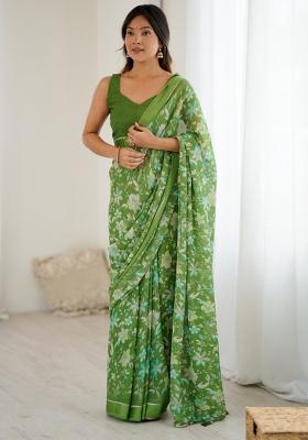Green Printed Art Silk Saree Set