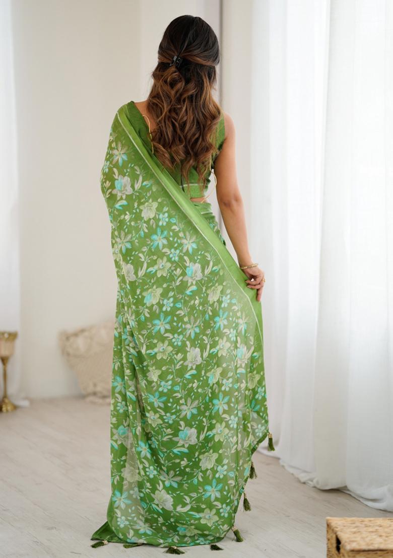 Green Printed Art Silk Saree Set - Indya