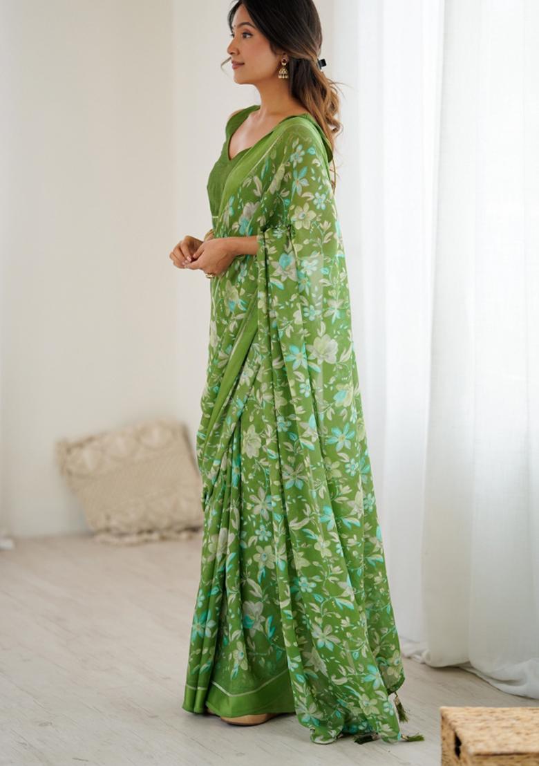 Green Printed Art Silk Saree Set - Indya