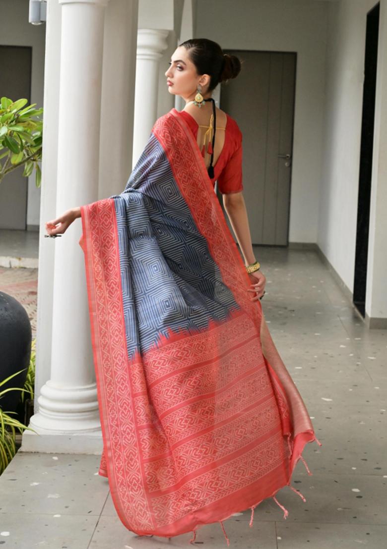Blue Printed Faux Tussar Silk Saree Set - Indya