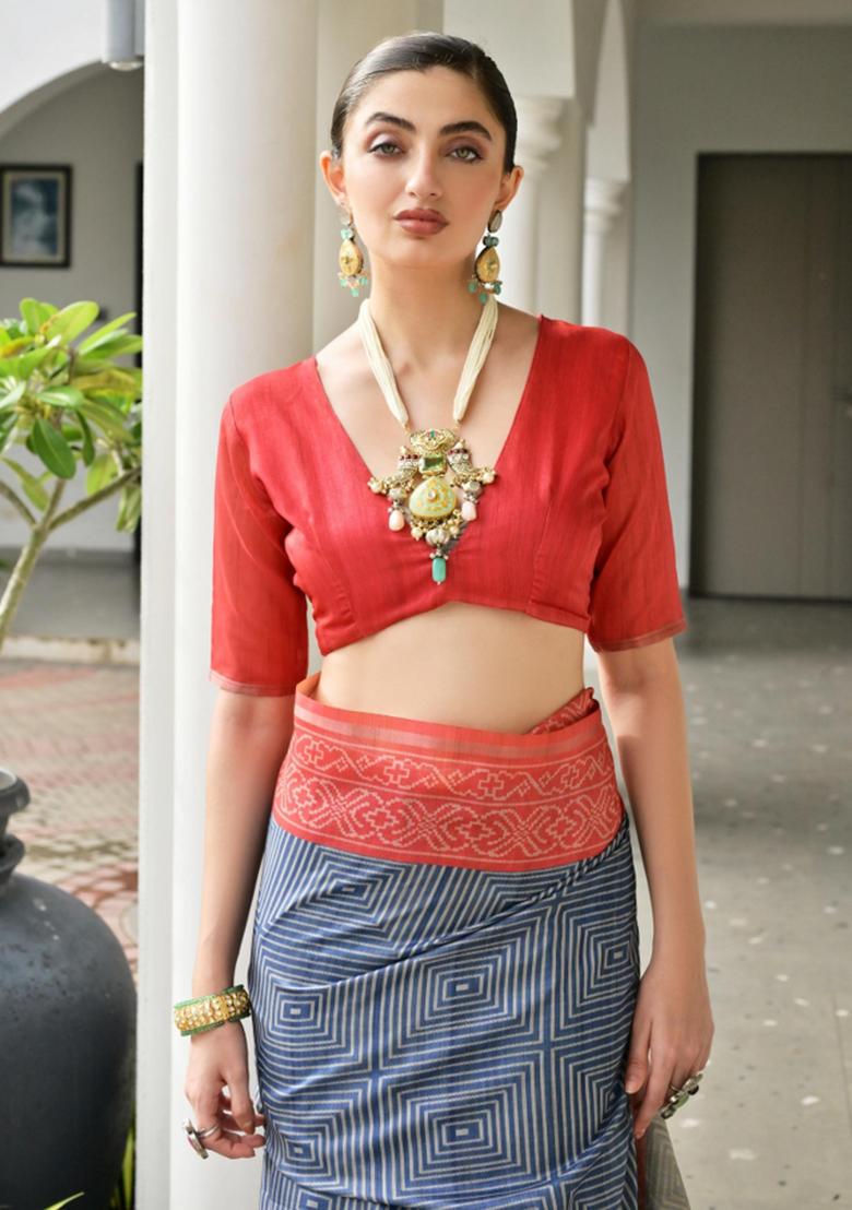 Blue Printed Faux Tussar Silk Saree Set - Indya