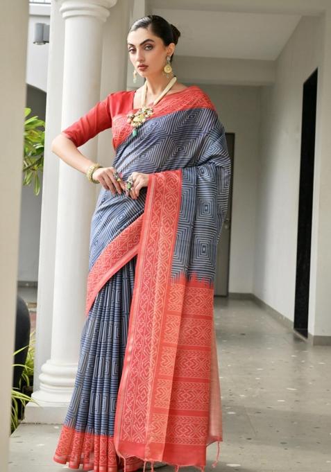 Blue Printed Faux Tussar Silk Saree Set